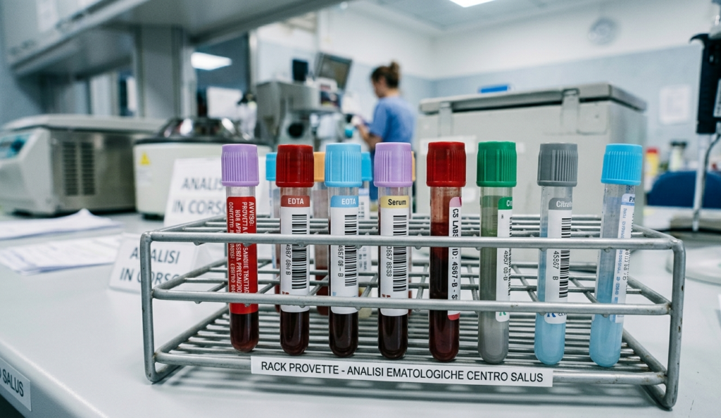 Provette di laboratorio per il dosaggio di sodio e potassio per il controllo della disidratazione.