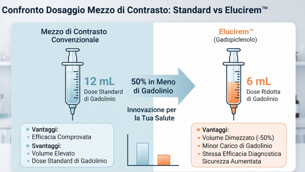 Infografica comparativa che mostra la riduzione del dosaggio del mezzo di contrasto da 12 mL a 6 mL con Elucirem™ (gadopiclenolo) rispetto ai mezzi di contrasto convenzionali, evidenziando i vantaggi di sicurezza e sostenibilità.