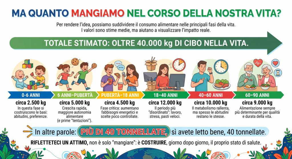 infografica quantità di cibo consumato nella vita suddiviso per fasce di età
