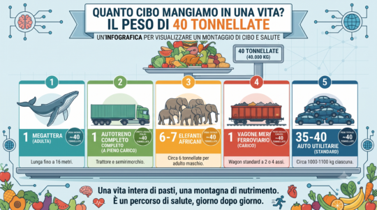 Infografica di copertina che mostra il peso di 40 tonnellate di cibo consumato in una vita attraverso il confronto con 5 oggetti: una balenottera, un autotreno, 6-7 elefanti, un vagone ferroviario e 35-40 auto utilitarie.